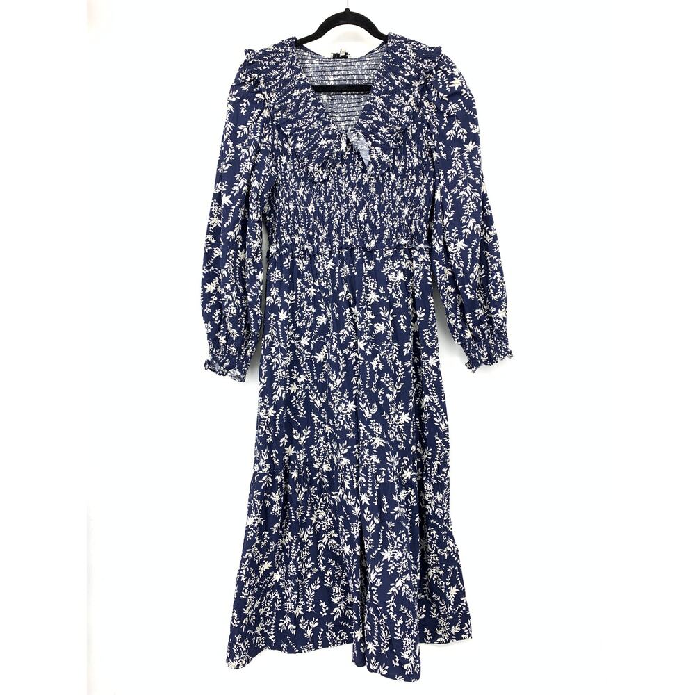 Anthropologie Moon River Ruffle Shirred Midi Dress Womens Sz L Blue White Floral